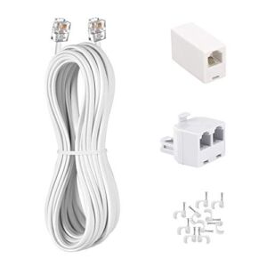 Phone Cord 15FT, Landline Telephone Cable with RJ11 Plug, Includes Telephone Inline Coupler RJ11 Splitter and 10pcs Cable Clips(White)
