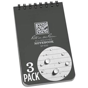 Rite in the Rain All-Weather Top-Spiral Notebook, 3″ x 5″, Gray Cover, Universal Pattern, 3 Pack (No. 835-3), Grey