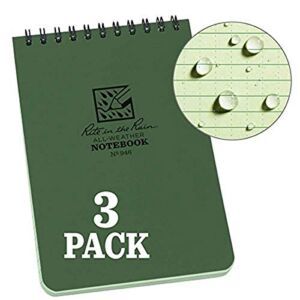 Rite In The Rain Weatherproof Top Spiral Notebook, 4″ x 6″, Green Cover, Universal Pattern, 3 Pack (No. 946-3)