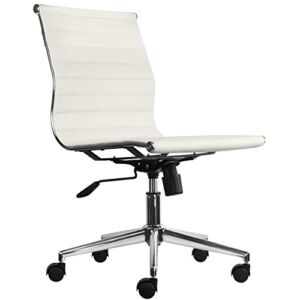 2xhome – Mid Back Height Modern Office Chair, Armless Ribbed PU Leather Seat with Swivel Tilt Adjustable Chrome Base – Executive Conference Room Task Chair Pearl (White)