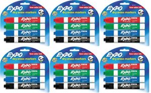 Expo 80174 Low Odor Chisel Point Dry Erase Marker Pack, Designed for Whiteboards, Glass and Most Non-Porous Surfaces, 4 Assorted Color Markers, Pack of 6 Blisters