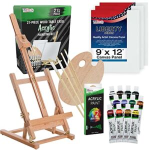 U.S. Art Supply 21-Piece Artist Painting Set with Wooden H-Frame Studio Easel, 12 Vivid Acrylic Paint Colors, 3 Canvas Panels, 4 Brushes, Wood Palette – Fun Kids, School, Students Adults Starter Kit
