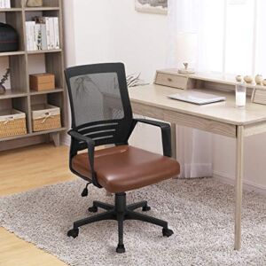 Yaheetech Mid Back Mesh Chair w/Leather Seat Executive Office Chair Computer Task Chair with Armrests Ergonomic Desk Chair with Lumbar Support, Brown