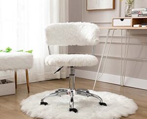 Guyou Modern Faux Fur Vanity Chair Desk Chair, Swivel Armless Accent Chair with Curved Back and Chrome Base for Living Room/Bedroom/Dressing Room (White)