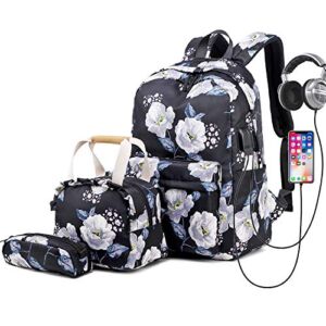 Lmeison Backpack for Teen Girls Waterproof, Black Floral Laptop Backpack with Lunch Box Pencil Case, Cute School Bag for Middle School High School, Kids Bookbag Set Woemen Casual Daypack for Travel