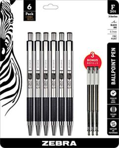Zebra F-301 Ballpoint Stainless Steel Retractable Pen, Fine Point, 0.7mm, Black Ink, Combo Pack of 6 BLACK INK Metal Pens with 3 BLACK INK REFILLS, 0.7mm fine point pens with .7 mm F-301 Pen Refill