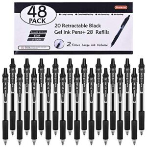 Black Gel Pens, 48 Pack(20 Gel Pens with 28 Refills) Shuttle Art Retractable Medium Point Rollerball Gel Ink Pens Smooth Writing with Comfortable Grip for Office School Home Work