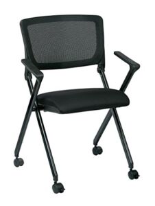 Office Star Breathable Flexible Mesh Back Folding Nesting Chair with Padded Fabric Seat and Casters, 2-Pack, Black with Black Frame, (FC8483-231)