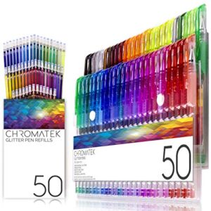 Chromatek Glitter Pens 100 Set Best Colors. 200% The Ink: 50 Gel Pens, 50 Refills. Super Glittery Ultra Vivid Colors. No Repeats. Professional Art Pens. New & Improved.