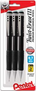 Pentel Mechanical Pencil, Pentel Twist Erase .7 MM, Twist-Erase III Automatic Pencil, 3 Pack, Black Barrels, Best Professional Mechanical Pencils for School, Office & Home for Women & Men (QE517BP3)