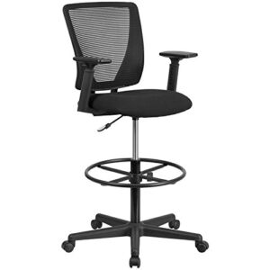 Flash Furniture Ergonomic Mid-Back Mesh Drafting Chair with Black Fabric Seat, Adjustable Foot Ring and Adjustable Arms