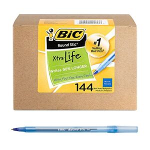 BIC Round Stic Xtra Life Ballpoint Pen, Medium Point (1.0mm), Blue, Flexible Round Barrel For Writing Comfort, 144-Count