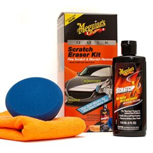 Meguiar’s Quik Scratch Eraser Kit, Car Scratch Remover that Removes Blemishes, Includes Meguiar’s ScratchX, Drill-Mounted Pad, Microfiber Towel – 3 Count (1 Pack)