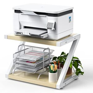 HUANUO Printer Stand, Desktop Stand for Printer, Printer Stand with Storage, Desktop Shelf with Anti-Skid Pads, Printer Table Organizer, Printer Shelf w/ 2 Tier Tray & Hardware & Steel (Light Wood)