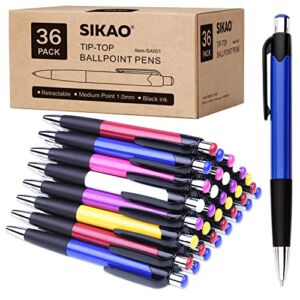 Sikao Bulk Pens Tip-Top Retractable Ballpoint Pens Black Ink Medium Point (1.0MM) Smooth Writing Pens for Journaling No Bleed, Box of Click Ball Pen for Servers Office School Supplies (36 Pack)