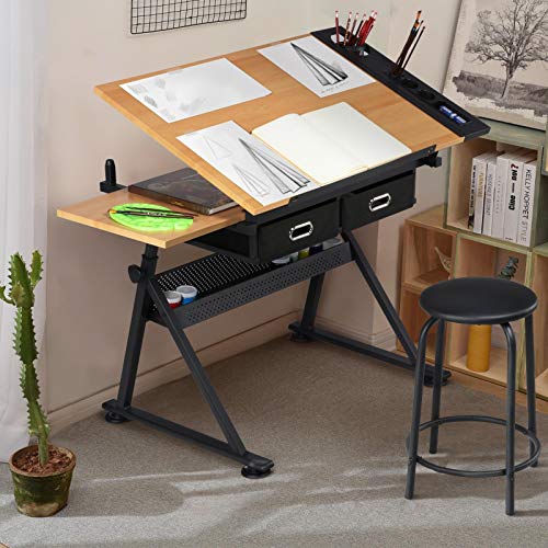 Yaheetech Height Adjustable Drafting Table Drawing Table Artist Desk Tilting Tabletop Art Craft Desk Watercolor Paintings Sketching Work Station w/2 Storage Drawers and Stool for Home Office | The Storepaperoomates Retail Market - Fast Affordable Shopping