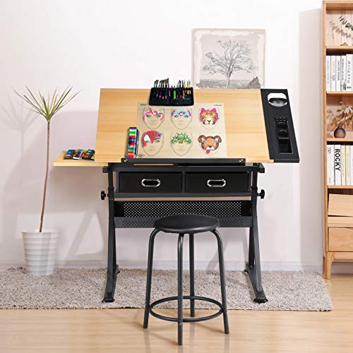 Yaheetech Height Adjustable Drafting Table Drawing Table Artist Desk Tilting Tabletop Art Craft Desk Watercolor Paintings Sketching Work Station w/2 Storage Drawers and Stool for Home Office | The Storepaperoomates Retail Market - Fast Affordable Shopping