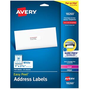 Avery Easy Peel Printable Address Labels with Sure Feed, 1″ x 2-5/8″, White, 750 Blank Mailing Labels (18260)