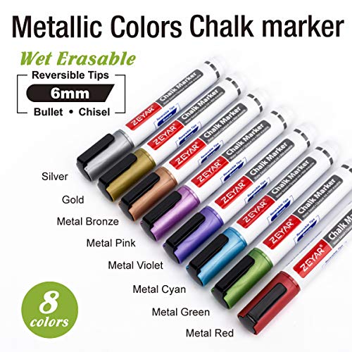 ZEYAR Liquid Chalk Marker-Wet Erase Marker, 6mm Reversible Tip-Bullet or Chisel, 8 Colors, Large Capacity, Writes on Nonporous Chalkboards, Bistro Boards, Windows and Plastic (8 Metallic Colors) | The Storepaperoomates Retail Market - Fast Affordable Shopping