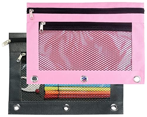 SORDIM 3 Ring Binder Pencil Pouch, 2 Pack Pencil Pouch with Zipper-Pencil Case with Double Pocket and Mesh Window (pink and grey) | The Storepaperoomates Retail Market - Fast Affordable Shopping