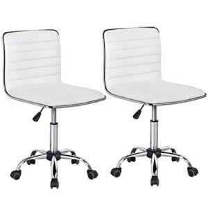 Yaheetech Adjustable Task Chair PU Leather Low Back Ribbed Armless Swivel Desk Chair Office Chair Wheels White, Set of 2