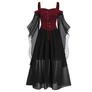 TWGONE Goth Dress for Women,Halloween Costumes for WomenSexy Gothic Formal Tops 2022 Pregnancy Corset Red Dresses Plus Size Cold Shoulder Tie Front Lace Sleeve Halloween Dresses(Red,3X-Large)