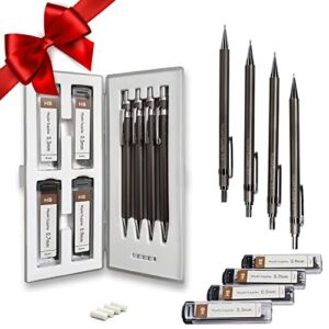 MozArt Mechanical Pencil Set with Case – 4 Sizes: 0.3, 0.5, 0.7 & 0.9mm with 30 HB Lead Refills Each & 4 Eraser Refills – Sketching, Architecture, Drawing Mechanical Pencils, Metal Mechanical Pencil