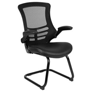 Flash Furniture Black Mesh Sled Base Side Reception Chair with White Stitched LeatherSoft Seat and Flip-Up Arms