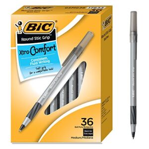 BIC Round Stic Grip Xtra Comfort Ballpoint Pens, Medium Point (1.2mm), Black, Soft Grip For Added Comfort And Control, 36-Count Pack (GSMG361-BLK)