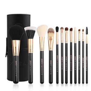 Zoreya Premium Travel makeup brush set 12 pieces essential Cosmetic tools Synthetic Hair Foundation Powder Eye Cosmetic brushes With Black Holder For Valentines Gifts