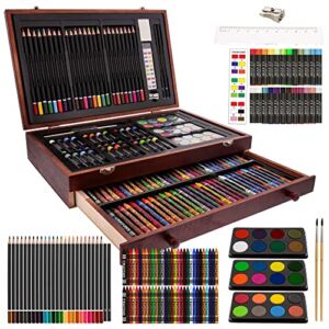 U.S. Art Supply 143-Piece Mega Wood Box Art Painting, Sketching and Drawing Set in Storage Case – 24 Watercolor Paint Colors, 24 Oil Pastels, 24 Colored Pencils, 60 Crayons, 2 Brushes, Artist Kit