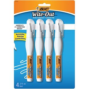 BIC Wite-Out Brand Shake ‘n Squeeze Correction Pen, 8 ML Correction Fluid, 4-Count Pack of white Correction Pens, Fast, Clean and Easy to Use Pen Office or School Supplies