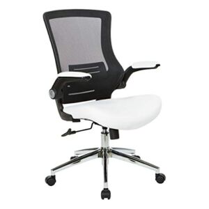 Office Star Black Screen Back Faux Leather Manager’s Office Chair with Padded Color Flip Arms with Angled Chrome Base, White