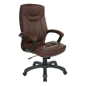 Office Star FL Series Faux Leather Padded Executive High Back Office Chair with Contrast Stitching and Padded Loop Arms, Chocolate