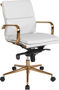 Flash Furniture Mid-Back White LeatherSoft Executive Swivel Office Chair with Gold Frame, Synchro-Tilt Mechanism and Arms
