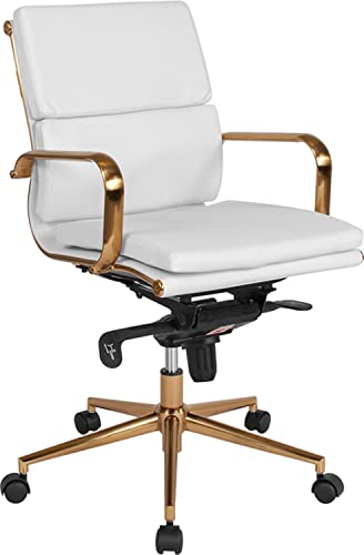Flash Furniture Mid-Back White LeatherSoft Executive Swivel Office Chair with Gold Frame, Synchro-Tilt Mechanism and Arms | The Storepaperoomates Retail Market - Fast Affordable Shopping