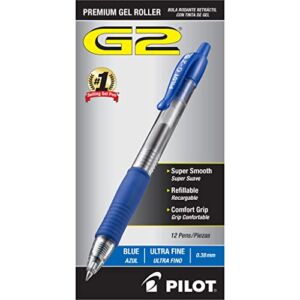 PILOT G2 Premium Refillable & Retractable Rolling Ball Gel Pens, Ultra Fine Point, Blue Ink, 12-Pack (31278)