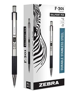 Zebra Pen F-301 Retractable Ballpoint Pen, Stainless Steel Barrel, Fine Point, 0.7mm, Black Ink, 12-Pack