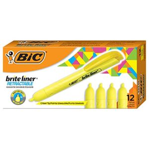 BIC Brite Liner Retractable Highlighter, Chisel Tip (1.6mm), Yellow, For Broad Highlighting and Fine Underlining, 12-Count