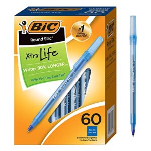 BIC Round Stic Xtra Life Ballpoint Pens, Medium Point (1.0mm), Blue, 60-Count Pack, Flexible Round Barrel For Writing Comfort (GSM609-BLU)