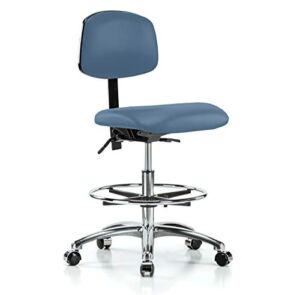 PERCH Chrome Rolling Lab Chair with Adjustable Back Support and Foot Ring for Hardwood or Tile Floors, Workbench Height, Newport Fabric