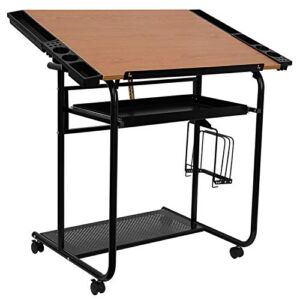 Flash Furniture Adjustable Drawing and Drafting Table with Black Frame and Dual Wheel Casters