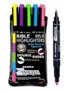G.T. Luscombe Company, Inc. Zebrite Double Ended Bible Highlighter Set | No Bleed Pigmented Ink | No Fading or Smearing | Double Ended for Highlighting & Underlining | Fluorescent Multicolor (Set of 5)