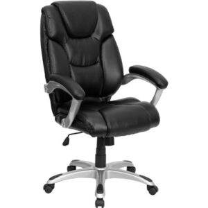 Flash Furniture High Back Black LeatherSoft Layered Upholstered Executive Swivel Ergonomic Office Chair with Silver Nylon Base and Arms