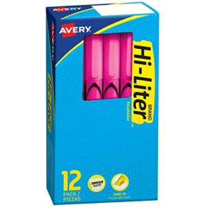 Avery Hi-Liter Pen-Style Highlighters, Smear Safe Ink, Chisel Tip, 12 Fluorescent Pink Highlighters (23592)