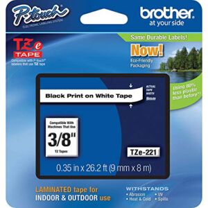 Brother Genuine P-touch TZE-221 Tape, 3/8″ (0.35″) Standard Laminated P-touch Tape, Black on White, Laminated for Indoor or Outdoor Use, Water Resistant, 26.2 Feet (8M), Single-Pack