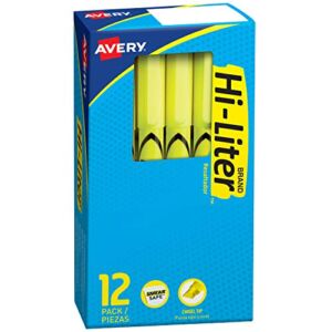 Avery Hi-Liter Pen-Style Highlighters, Smear Safe Ink, Chisel Tip, 12 Fluorescent Yellow Highlighters (23591)
