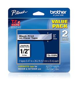 Brother Genuine P-touch TZE-1312PK Tape, 1/2″ (0.47″) Standard Laminated P-touch Tape, Black on Clear, Perfect for Indoor or Outdoor Use, Water Resistant, 26.2 Feet (8M) each, Two-Pack