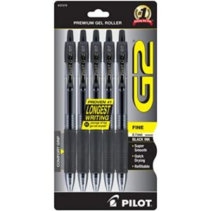 PILOT G2 Premium Refillable and Retractable Rolling Ball Gel Pens, Fine Point, Black Ink, 5-Pack (31078)