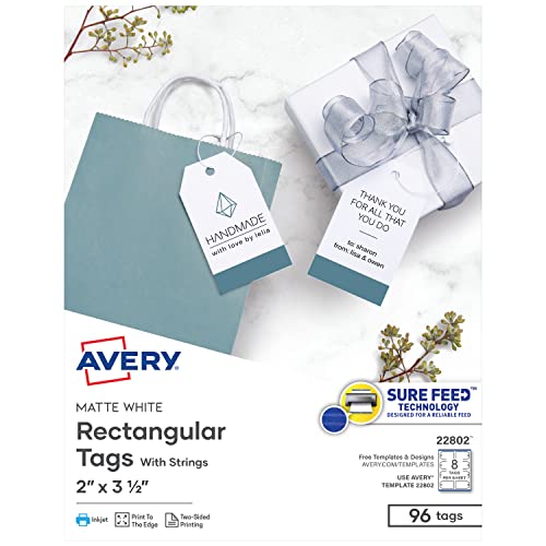 Avery Printable Blank Gift Tags with Sure Feed, 2″ x 3.5″, White, 96 Customizable Tags with Strings (22802) | The Storepaperoomates Retail Market - Fast Affordable Shopping